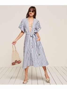 Reformation Geneva Blue and White Striped Linen Dress